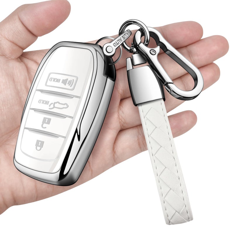 Sindeda for Toyota Key Fob Cover with Metal Keychain & Leather Strap for 2025-2026 Camry 4 Runner 2019-2026 Venza, Land Cruiser,2023-2026 Tacoma Grand Highlander,Corolla,bZ4X,4-5 Buttons(White) - Image 1