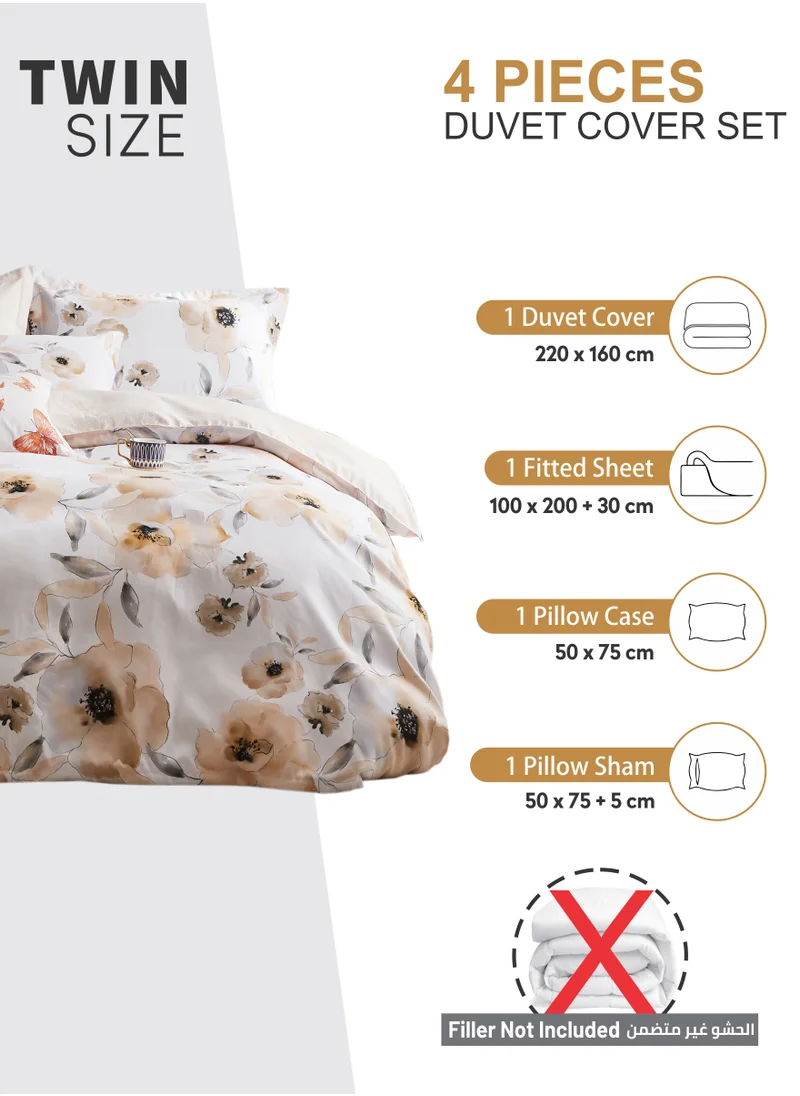 دوناتيلا Duvet Cover Set 4-Pcs Twin Size Printed Bed Set Fits (120x200 CM) With Fitted Sheet Pillow Sham And Pillow Cases (Without Filler),Pastel Brown