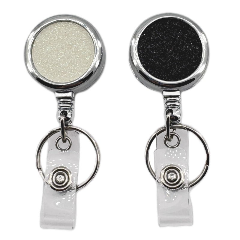YEMCHI 2 Pack Metal Retractable Badge Holder Reel - Durable & Bling Keychain, Decorative Id Badge Holder with Clip, Ideal for Nurses, Teachers, Students, Office Use (Glitter Black & Glitter White) - Image 1
