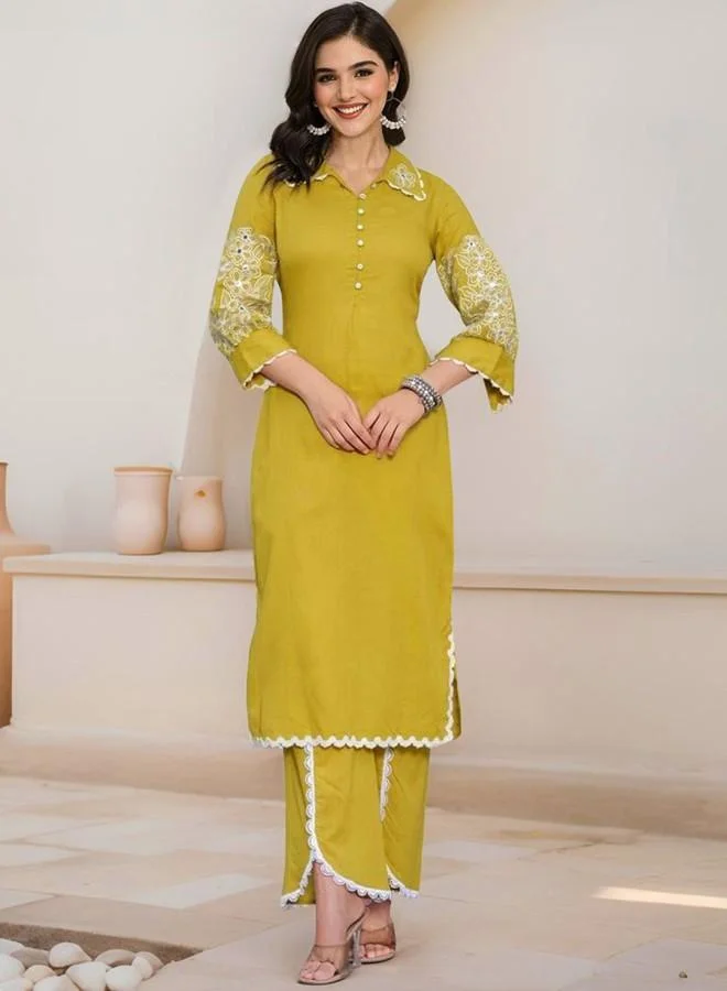 Women'S Mustard 100% Cotton Embroidered Tunic Full Length Palazzo Straight Fit Co Ords