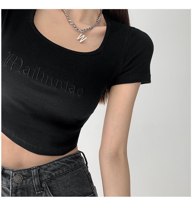 American Vintage Embroidered Letter Slimming Base Layer Top Square Collar Cropped Short Sleeve T-shirt High-waisted Top 845-Black  - Image 5