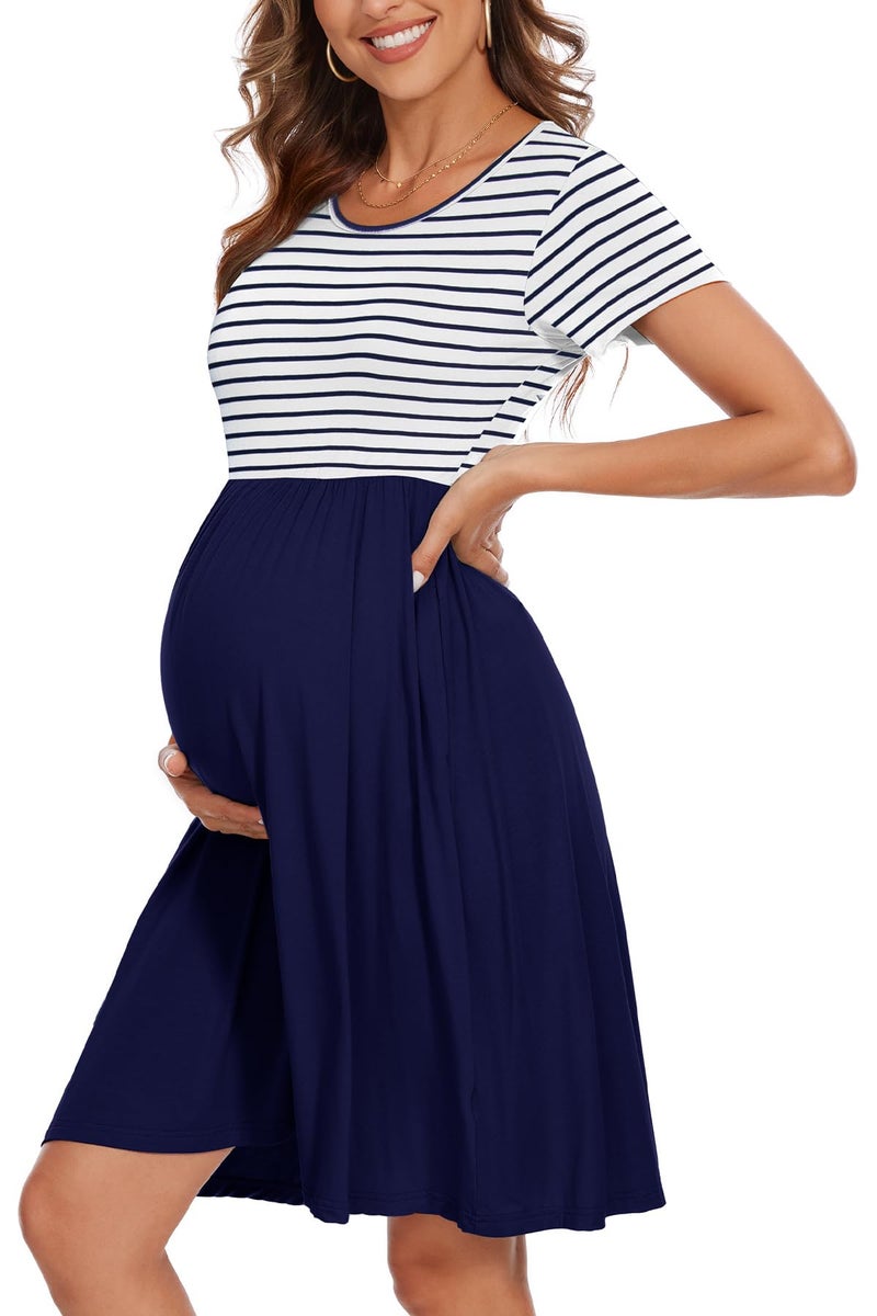 WOOXIO Women's Short Sleeve Maternity Dress Patchwork Pregnancy Clothes with Pockets Medium,White Navy Stripe-Navy - Image 1