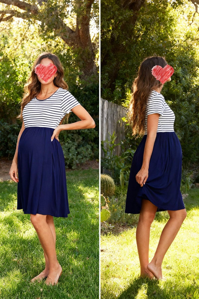 WOOXIO Women's Short Sleeve Maternity Dress Patchwork Pregnancy Clothes with Pockets Medium,White Navy Stripe-Navy - Image 2