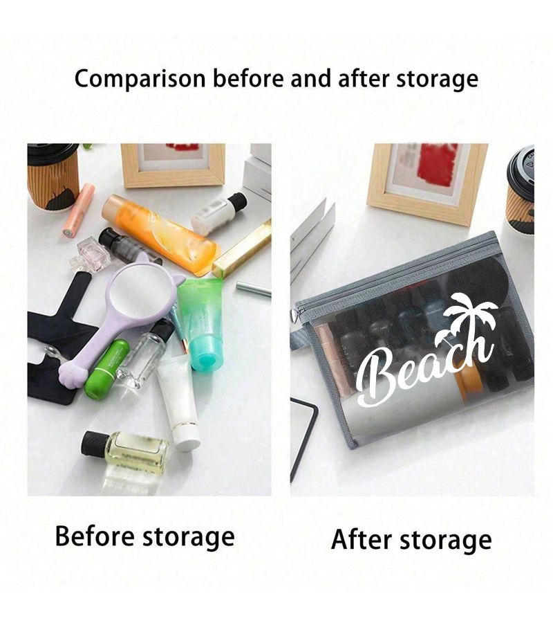 Beach Coconut Tree Vacation Style Large Capacity Mesh Cosmetic Organizer Bag Black Semi Transparent Zipper Makeup Pouch Portable Durable With Handwritten Slogan And Palm Tree Pattern - Image 4