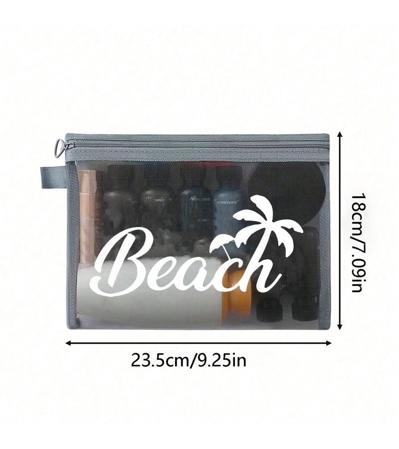 Beach Coconut Tree Vacation Style Large Capacity Mesh Cosmetic Organizer Bag Black Semi Transparent Zipper Makeup Pouch Portable Durable With Handwritten Slogan And Palm Tree Pattern - Image 2