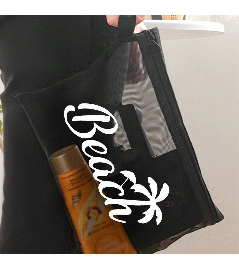 Beach Coconut Tree Vacation Style Large Capacity Mesh Cosmetic Organizer Bag Black Semi Transparent Zipper Makeup Pouch Portable Durable With Handwritten Slogan And Palm Tree Pattern - Image 5