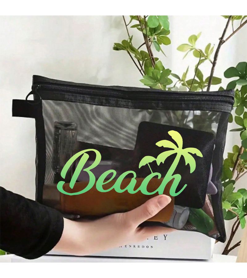 Beach Coconut Tree Vacation Style Large Capacity Mesh Cosmetic Organizer Bag Black Semi Transparent Zipper Makeup Pouch Portable Durable With Handwritten Slogan And Palm Tree Pattern - Image 1