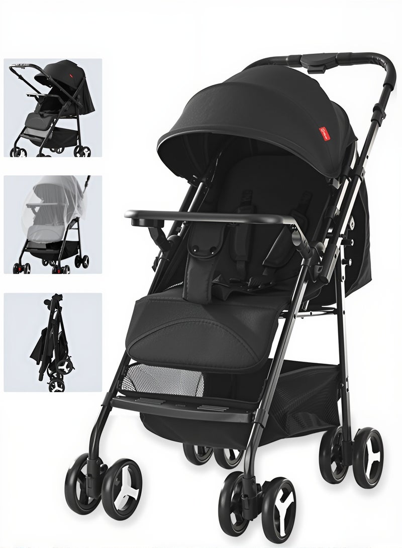 أوميني عربة أطفال ثنائية الاتجاه، خفيفة الوزن للسفر مع صينية، مظلة كبيرة جدًا، عجلات ممتصة للصدمات وطي مدمج بلمسة واحدة، مع ناموسية وسلة تخزين – أسود، مناسبة من 0 إلى 36 شهرًا - Image 1