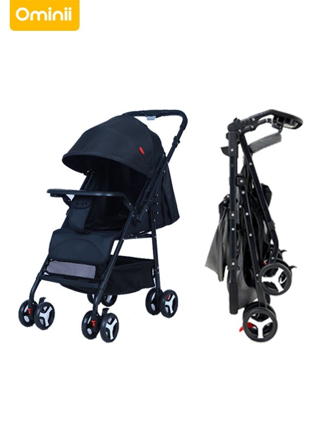 Ominii Two-Way Baby Stroller, Lightweight Travel Pushchair with Tray, Extra-Large Canopy, Shock-Absorbing Wheels & One-Click Compact Fold, with Mosquito Net & Storage Basket – Black, for 0–36 Months - Image 1