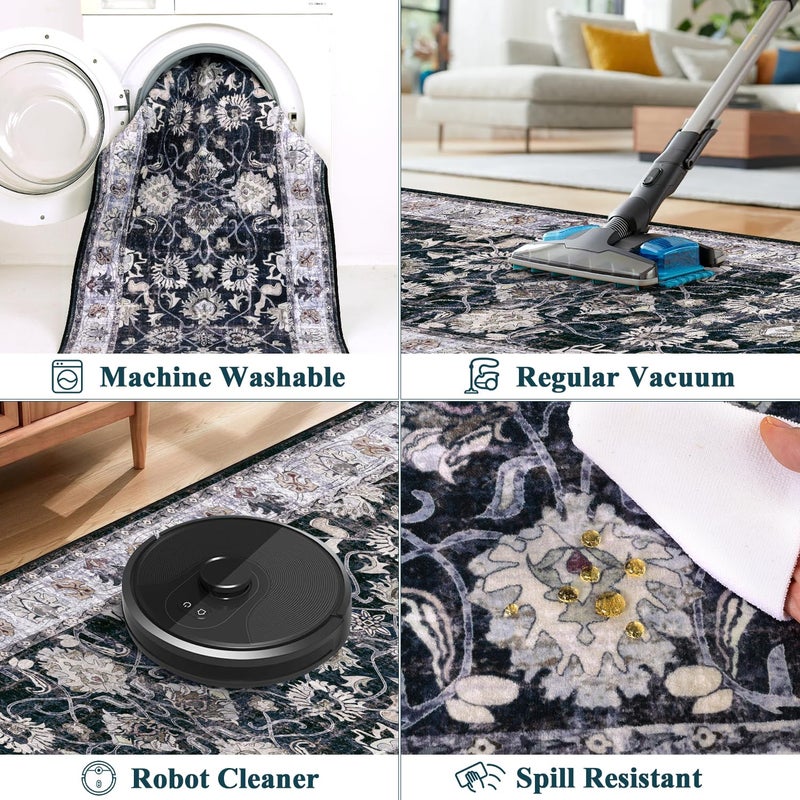 Yamaziot Washable Runner Rug, 2x8 Non-Slip Vintage Floral Hallway Rug with Rubber Backing, Low Pile Non-Shedding Soft Distressed Carpet Runner for Bedroom, Kitchen, Laundry, Entrance - Image 5
