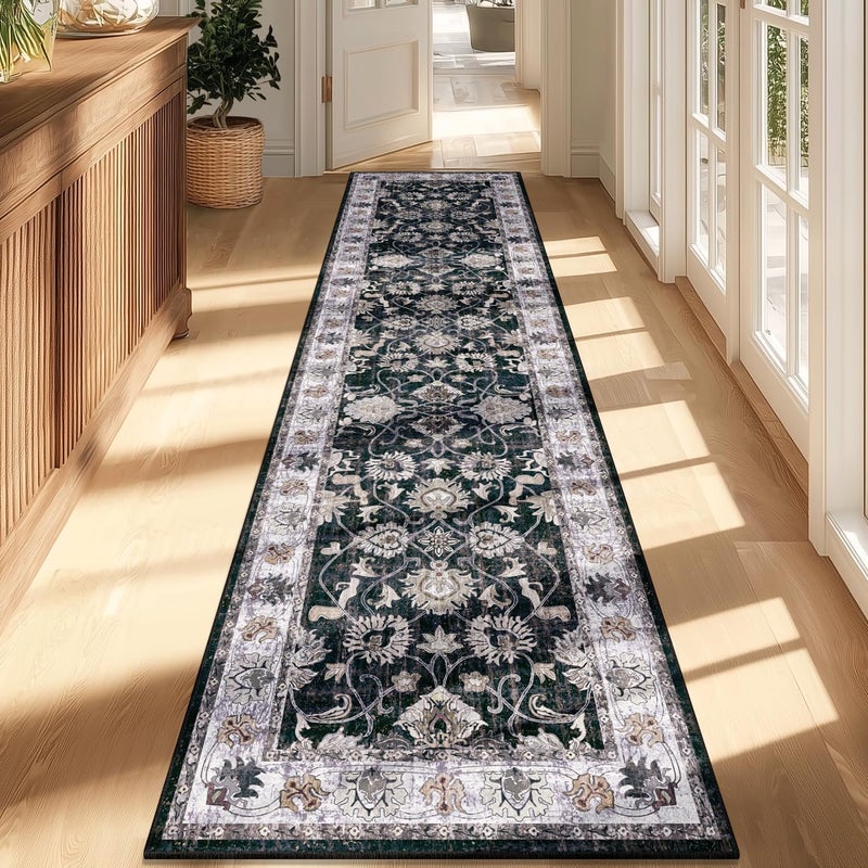 Yamaziot Washable Runner Rug, 2x8 Non-Slip Vintage Floral Hallway Rug with Rubber Backing, Low Pile Non-Shedding Soft Distressed Carpet Runner for Bedroom, Kitchen, Laundry, Entrance - Image 1