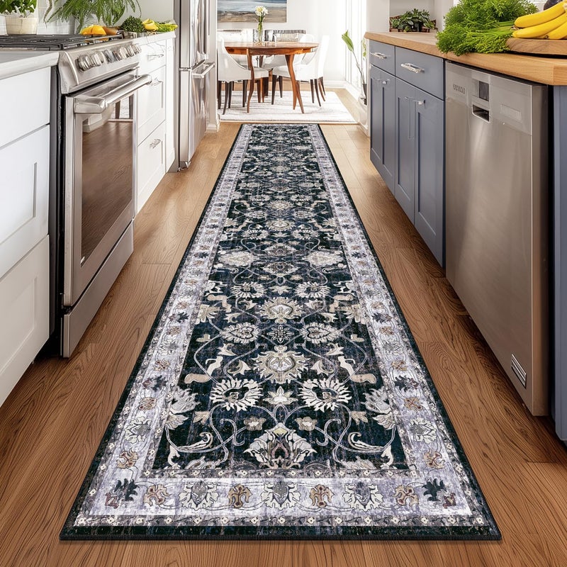 Yamaziot Washable Runner Rug, 2x8 Non-Slip Vintage Floral Hallway Rug with Rubber Backing, Low Pile Non-Shedding Soft Distressed Carpet Runner for Bedroom, Kitchen, Laundry, Entrance - Image 2
