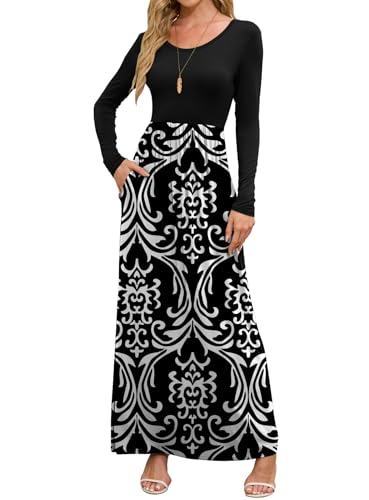 DEARCASE Maxi Dress for Women Black White Large Round Neck Boho Long Sleeves Teacher A-line Casual Hawaiian Empire Waist Flowy Party Vintage Spring Fall Winter Floor Dresses with Pocket - Image 1
