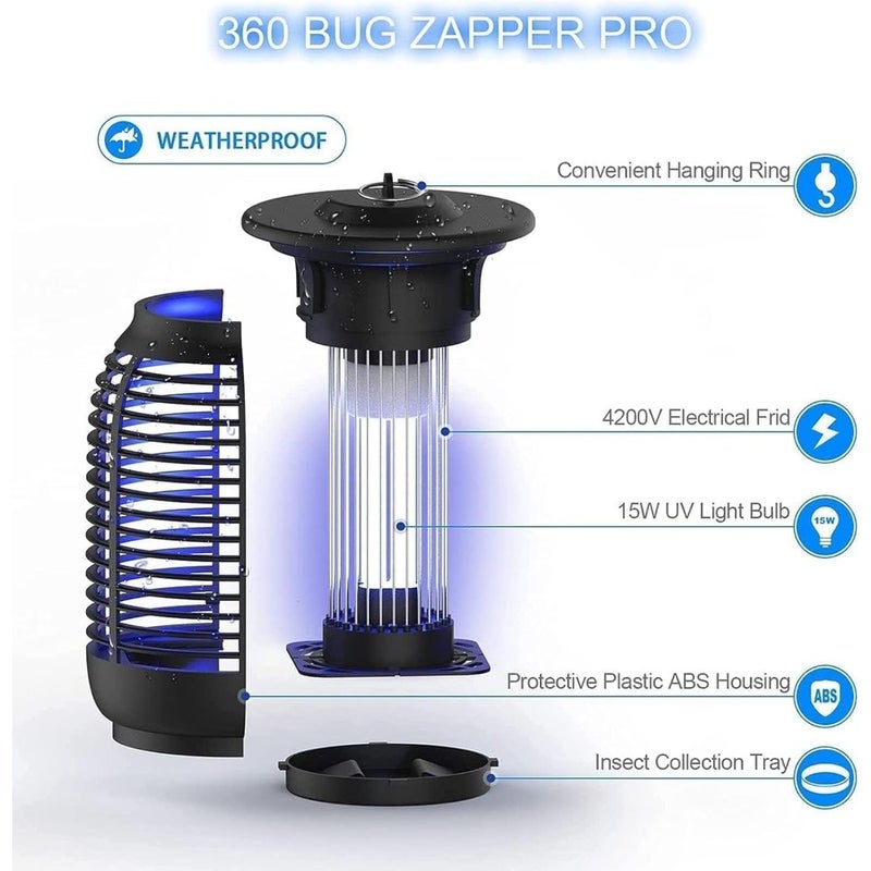 Bug Zapper, Electric Bug Zapper with 365NM UV Light, Waterproof, 2600V High Voltage Grid, Safe Silent ABS Housing, Removable Tray, 360 50M2 Area, Hanging Hook Base for Patio Yard - Image 2