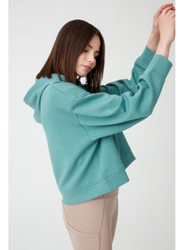 Los Ojos Blue Green Hooded Soft Textured Crop Sweatshirt Cropped Sweat  - Image 4