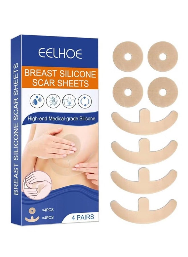 EELHOE 4 Pairs Silicone Scar Sheets, Reusable Washable Silicone Scar Tape, Surgery Scars Removal Treatment, Medical Grade Silicone Scar Sheets for Breast