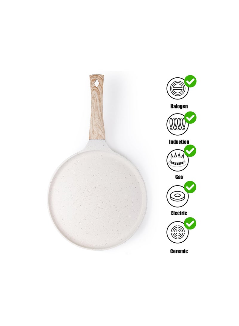 SOLARAE مقلاة كريب غير لاصقة مع ملعقة، مقلاة تورتيلا 10 بوصة مع مقبض قابل للفصل، مقلاة بان كيك بطبقة سيراميكية، مقلاة دُوسا لجميع المواقد، متوافقة مع الحث، سهلة الاستخدام، خالية من PFOA (بيضاء) - Image 3