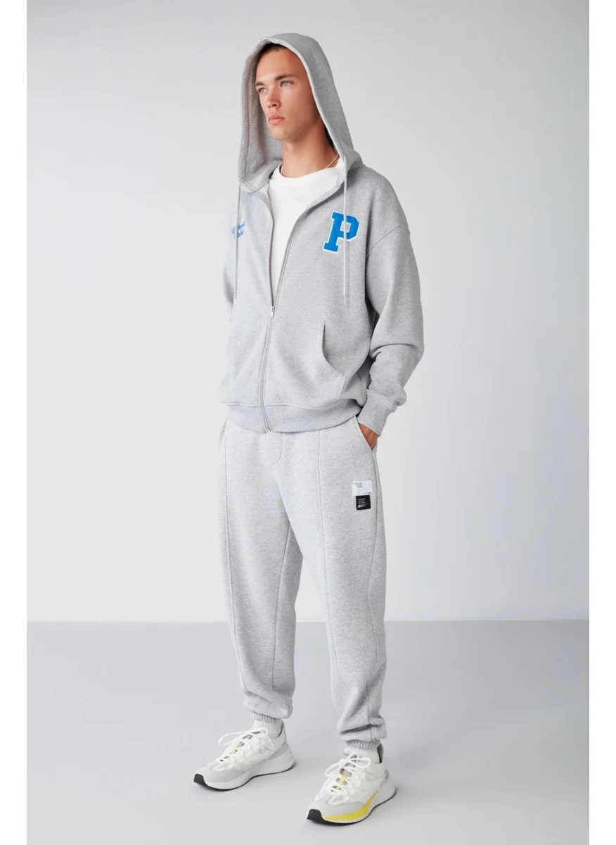 GRIMELANGE Rowan Men's Relaxed, Ribbed Front, Decorative Labeled, Grey Melanj Sweatpants