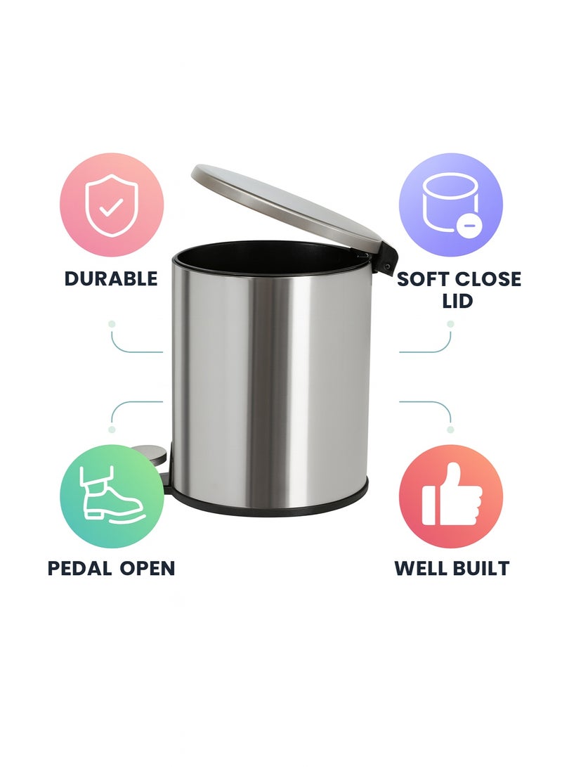 Primanova 6 Liter Stainless Steel Pedal Waste Bin With Soft-Close Lid & Inner Bucket – Compact Trash Can For Bathroom, Kitchen, Office, Bedroom & Living Room (Silver) - Image 4