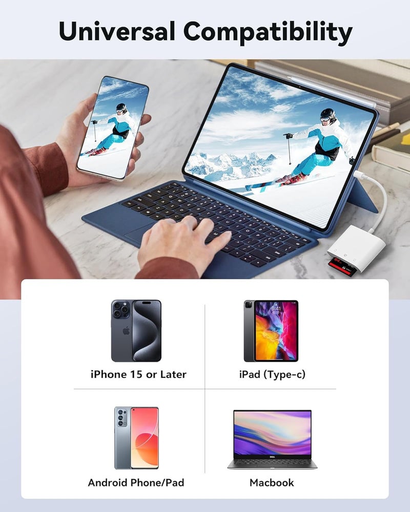 SUNTRSI SD Card Reader USB C for iPhone 15/Android Phone/iPad/Mac/Laptop, Three Card Slot Micro SD Card Reader Supports SD Micro SD CF Card, Digital Camera Viewer Memory Card Reader Plug and Play - Image 3
