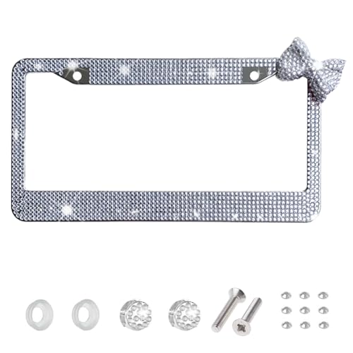 Wanheart License Plate Frame for Women Rhinestone License Plate Frame with Bow Sparkly Car Tag Frame Cute Girly Car Accessories Gift 1 White Frame White Bow - Image 1