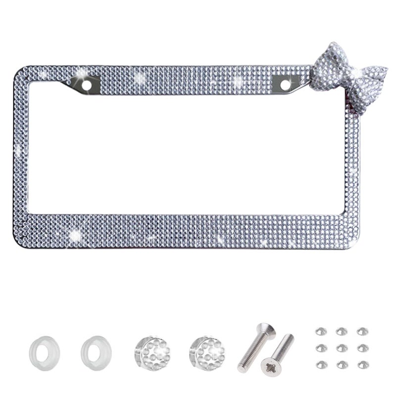 Wanheart License Plate Frame for Women Rhinestone License Plate Frame with Bow Sparkly Car Tag Frame Cute Girly Car Accessories Gift 1 White Frame White Bow - Image 3
