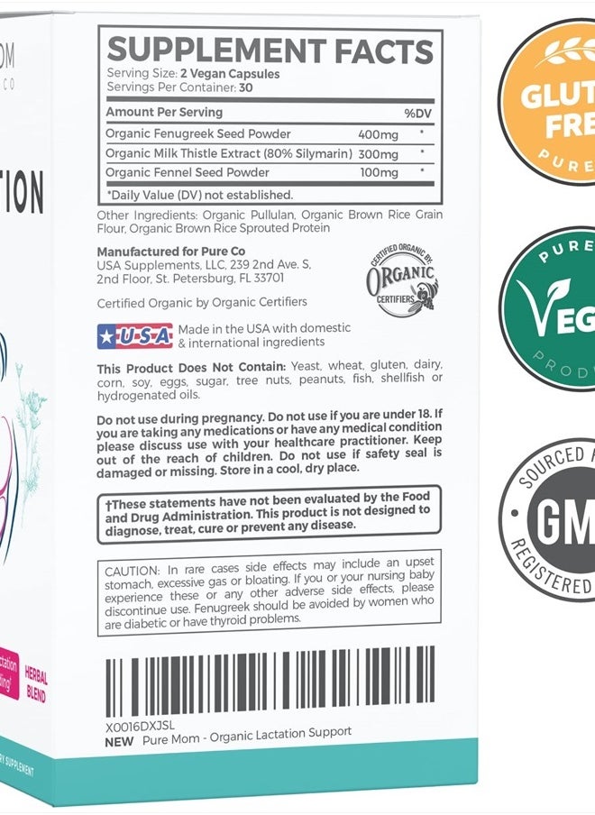 PURE CO - Usda Organic Lactation Supplement Increase Milk Supply With Herbal Breastfeeding Support 60 Vegan Capsules No Pills or Cookies - Image 1