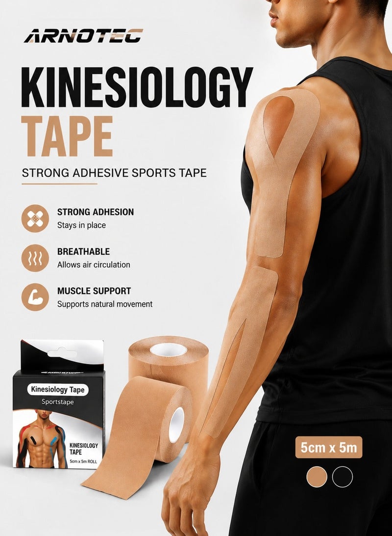 ARNOTEC Kinesiology Tape – Strong Adhesive Sports Tape, Breathable & Stretchable, 5cm×5m, Self-Adherent Wrap for Wrist, Ankle, Elbow, Knee, Shoulder – For Running, Gym, Cycling, Baseball, Lacrosse, Boxing - Image 1