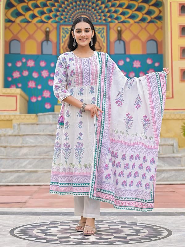 SHIFORY White Anarkali Round Neck 3/4 Sleeve 3 Pcs Anarkali Suit, Hand Work & Printed Cotton Kurti with Pant & Dupatta, Elegant for Ceremonies, Comfortable & Machine Washable - Image 5