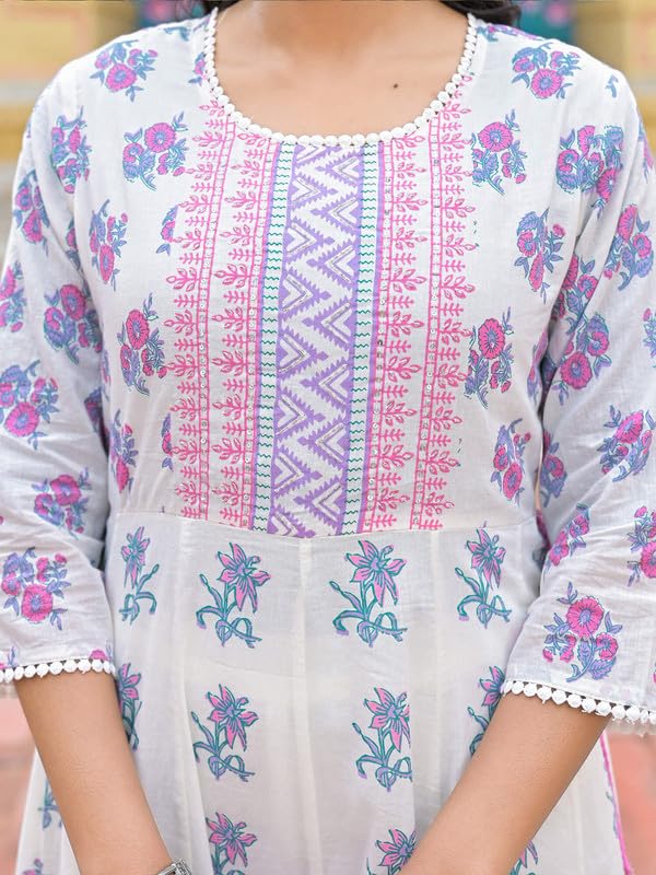 SHIFORY White Anarkali Round Neck 3/4 Sleeve 3 Pcs Anarkali Suit, Hand Work & Printed Cotton Kurti with Pant & Dupatta, Elegant for Ceremonies, Comfortable & Machine Washable - Image 2