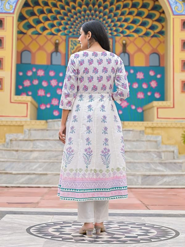 SHIFORY White Anarkali Round Neck 3/4 Sleeve 3 Pcs Anarkali Suit, Hand Work & Printed Cotton Kurti with Pant & Dupatta, Elegant for Ceremonies, Comfortable & Machine Washable - Image 3