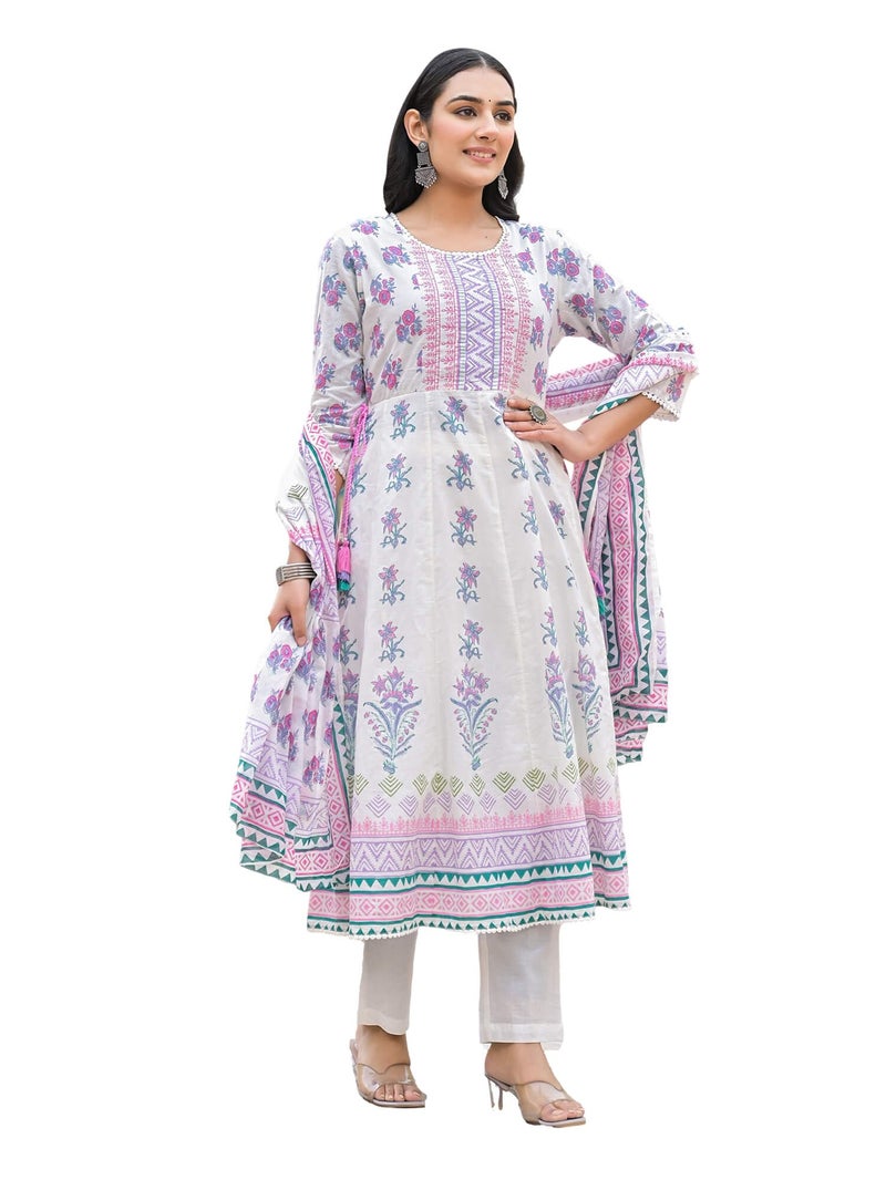 SHIFORY White Anarkali Round Neck 3/4 Sleeve 3 Pcs Anarkali Suit, Hand Work & Printed Cotton Kurti with Pant & Dupatta, Elegant for Ceremonies, Comfortable & Machine Washable - Image 1