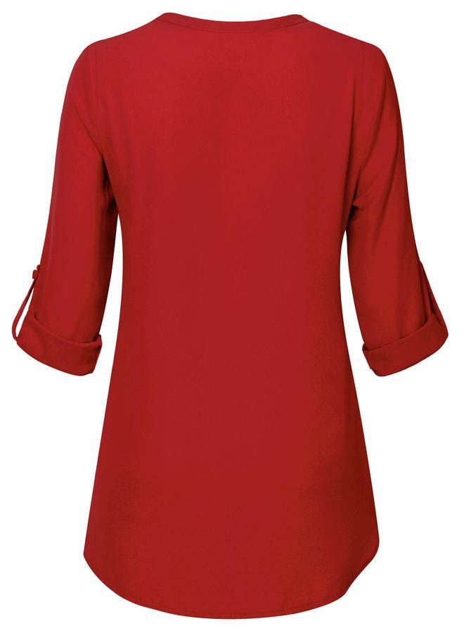 Timeson Women's Casual Chiffon V Neck 3/4 Sleeve Blouse Tops, Red, XL - Image 3