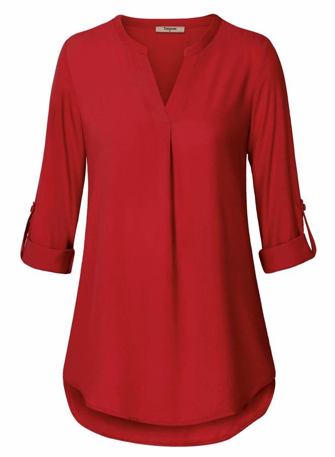 Timeson Women's Casual Chiffon V Neck 3/4 Sleeve Blouse Tops, Red, XL - Image 2
