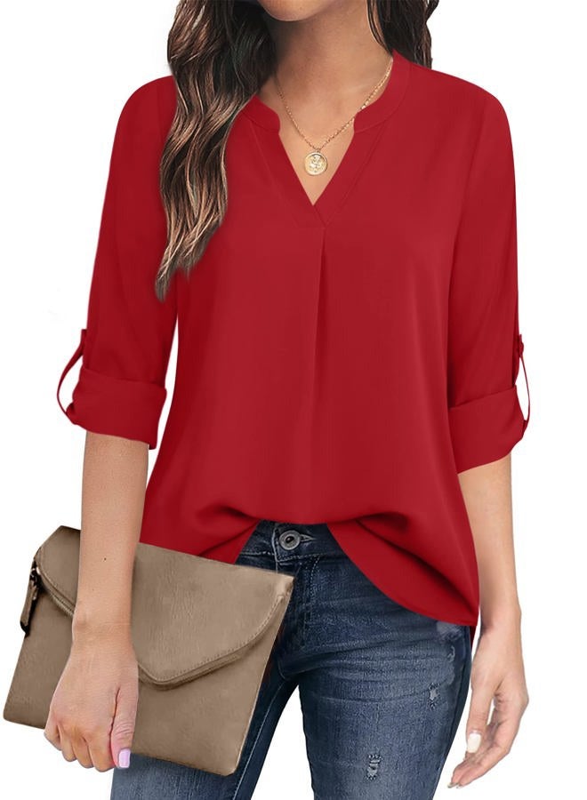 Timeson Women's Casual Chiffon V Neck 3/4 Sleeve Blouse Tops, Red, XL - Image 1