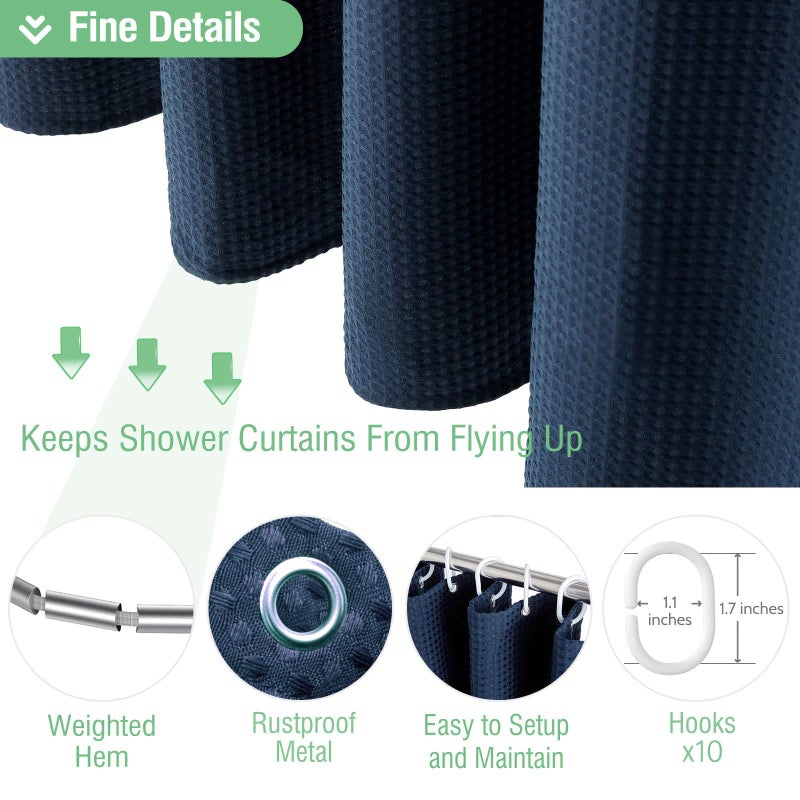 Dynamene 60 inch Stall Shower Curtain - Waffle Weave Heavy Duty Thick Fabric Shower Curtains for Bathroom Weighted Hotel Spa Luxury Cloth Bath Curtain Set with 10 Plastic Hooks 60x72  Navy Blue - Image 3