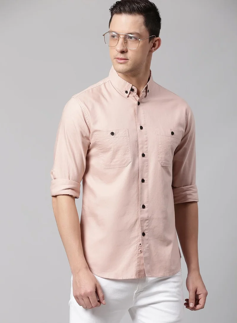 Men's Peach 100% Cotton Solid Button Down Regular Fit Shirt