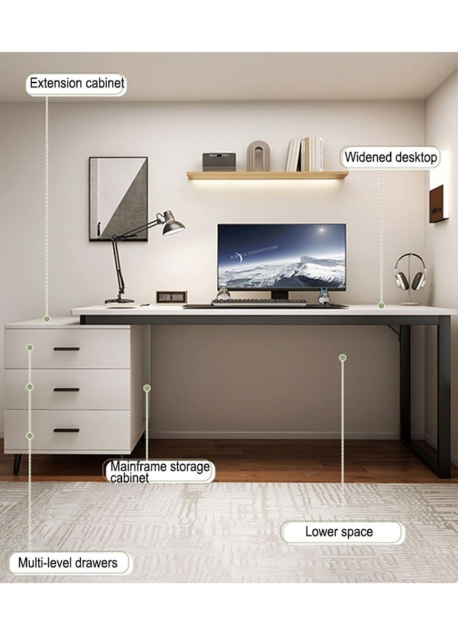 Multifunctional Computer Desk with 3 Drawers, Modern Office Desk with Retractable Storage Cabinet, Game Table Study Table Suitable for Home Office Learning Games(120×60×75cm- White) - Image 4