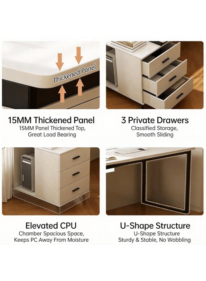 Multifunctional Computer Desk with 3 Drawers, Modern Office Desk with Retractable Storage Cabinet, Game Table Study Table Suitable for Home Office Learning Games(120×60×75cm- White) - Image 5