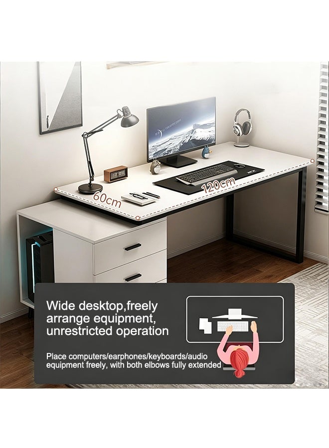 Multifunctional Computer Desk with 3 Drawers, Modern Office Desk with Retractable Storage Cabinet, Game Table Study Table Suitable for Home Office Learning Games(120×60×75cm- White) - Image 3