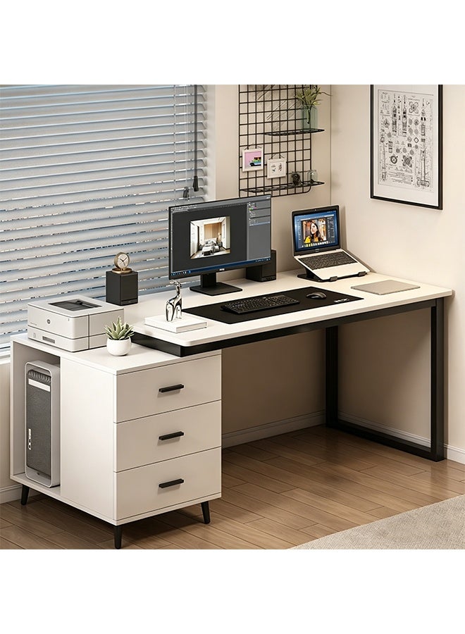 Multifunctional Computer Desk with 3 Drawers, Modern Office Desk with Retractable Storage Cabinet, Game Table Study Table Suitable for Home Office Learning Games(120×60×75cm- White) - Image 1
