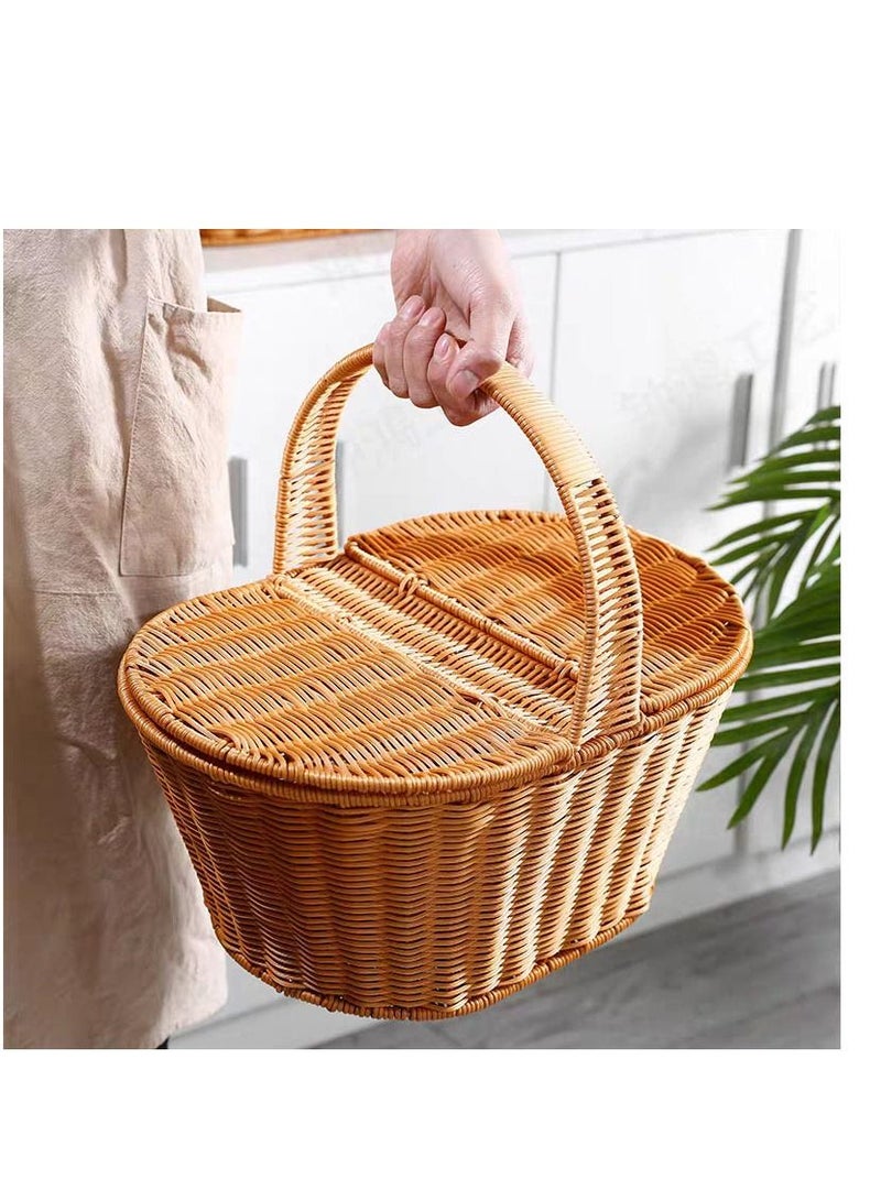 FFD Handmade Rattan Wicker Picnic Basket with Handle | Dual-Sided Cover | Multipurpose Storage for Fruits, Vegetables & Flowers" - Image 1
