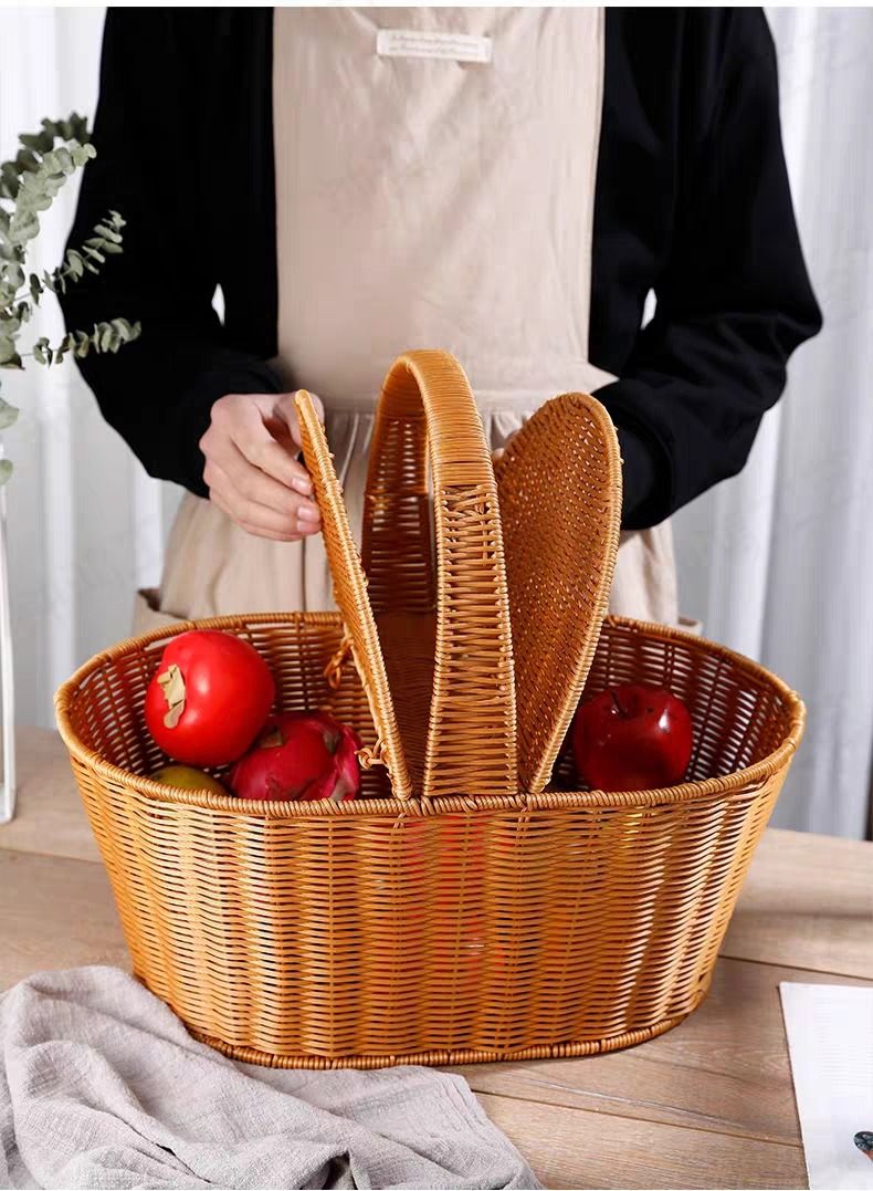 FFD Handmade Rattan Wicker Picnic Basket with Handle | Dual-Sided Cover | Multipurpose Storage for Fruits, Vegetables & Flowers" - Image 3