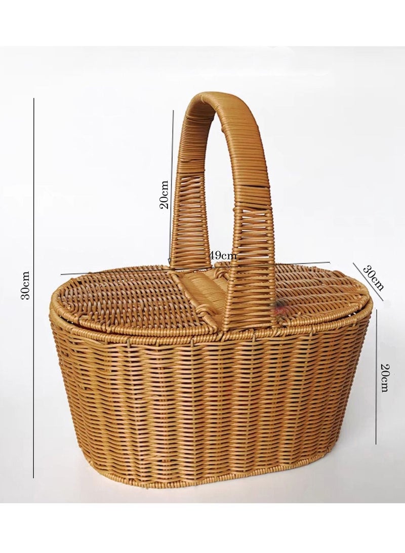 FFD Handmade Rattan Wicker Picnic Basket with Handle | Dual-Sided Cover | Multipurpose Storage for Fruits, Vegetables & Flowers" - Image 2