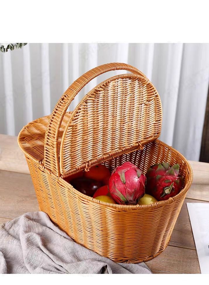 FFD Handmade Rattan Wicker Picnic Basket with Handle | Dual-Sided Cover | Multipurpose Storage for Fruits, Vegetables & Flowers" - Image 4