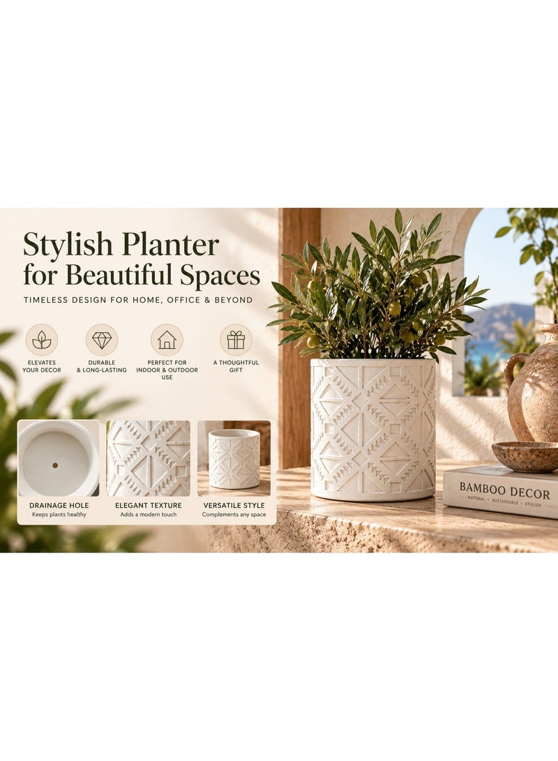 BAMBOO DECOR Ceramic Plant Pot 15 cm, White Planter Pot with Drainage Hole, Geometric Textured Flower Pot, Decorative Indoor Outdoor Planter for Plants, Succulents, Home Decor, Living Room & Office - Image 3