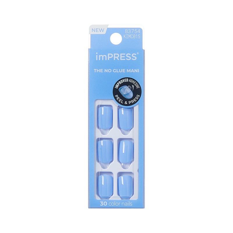 Impress KISS imPRESS No Glue Mani Press On Nails, Color, 'Baby why so Blue', Blue, Short Size, Squoval Shape, Includes 30 Nails, Prep Pad, Instructions Sheet, 1 Manicure Stick, 1 Mini File - Image 1