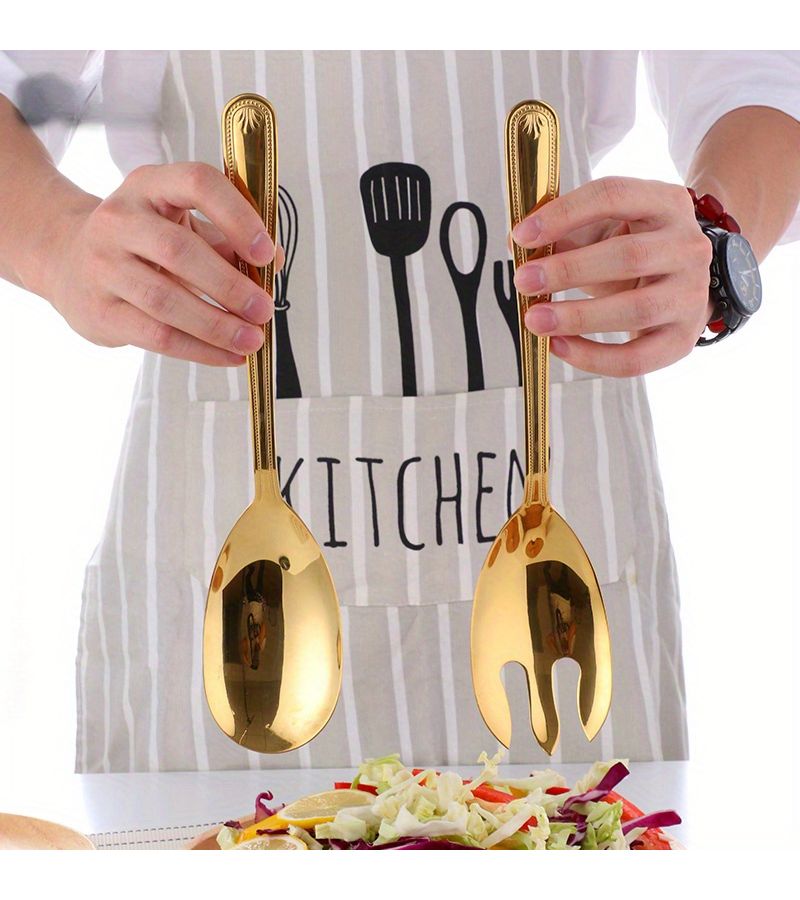 Golden Stainless Steel Salad Spoon Fork Set 2pcs Buffet Serving Kitchen Utensils - Image 1