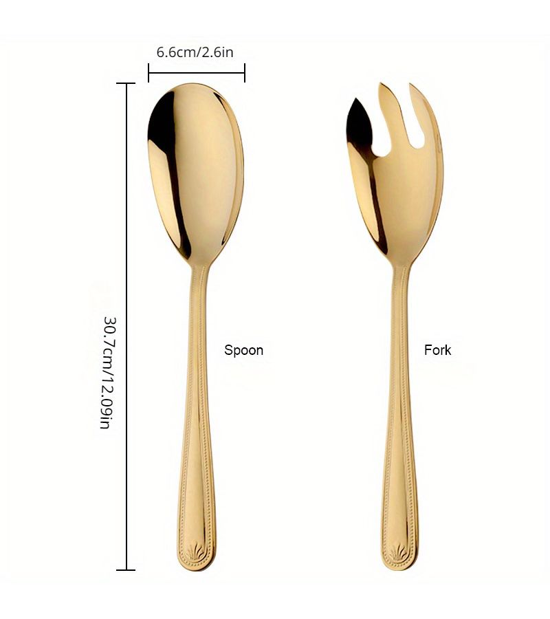 Golden Stainless Steel Salad Spoon Fork Set 2pcs Buffet Serving Kitchen Utensils - Image 5