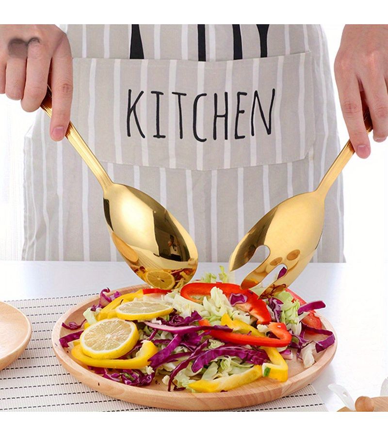 Golden Stainless Steel Salad Spoon Fork Set 2pcs Buffet Serving Kitchen Utensils - Image 2